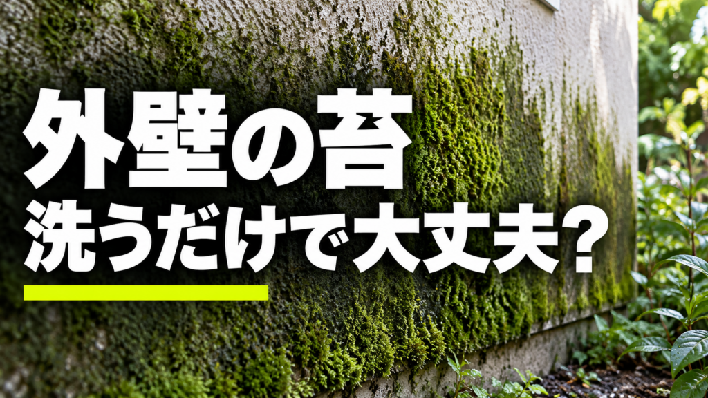 苔や藻が広がった外壁に「外壁の苔 洗うだけで大丈夫？」と記したイメージ画像