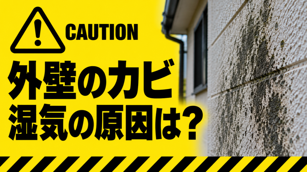 黄色と黒の注意喚起デザインで外壁のカビと湿気の原因を示すイメージ画像
