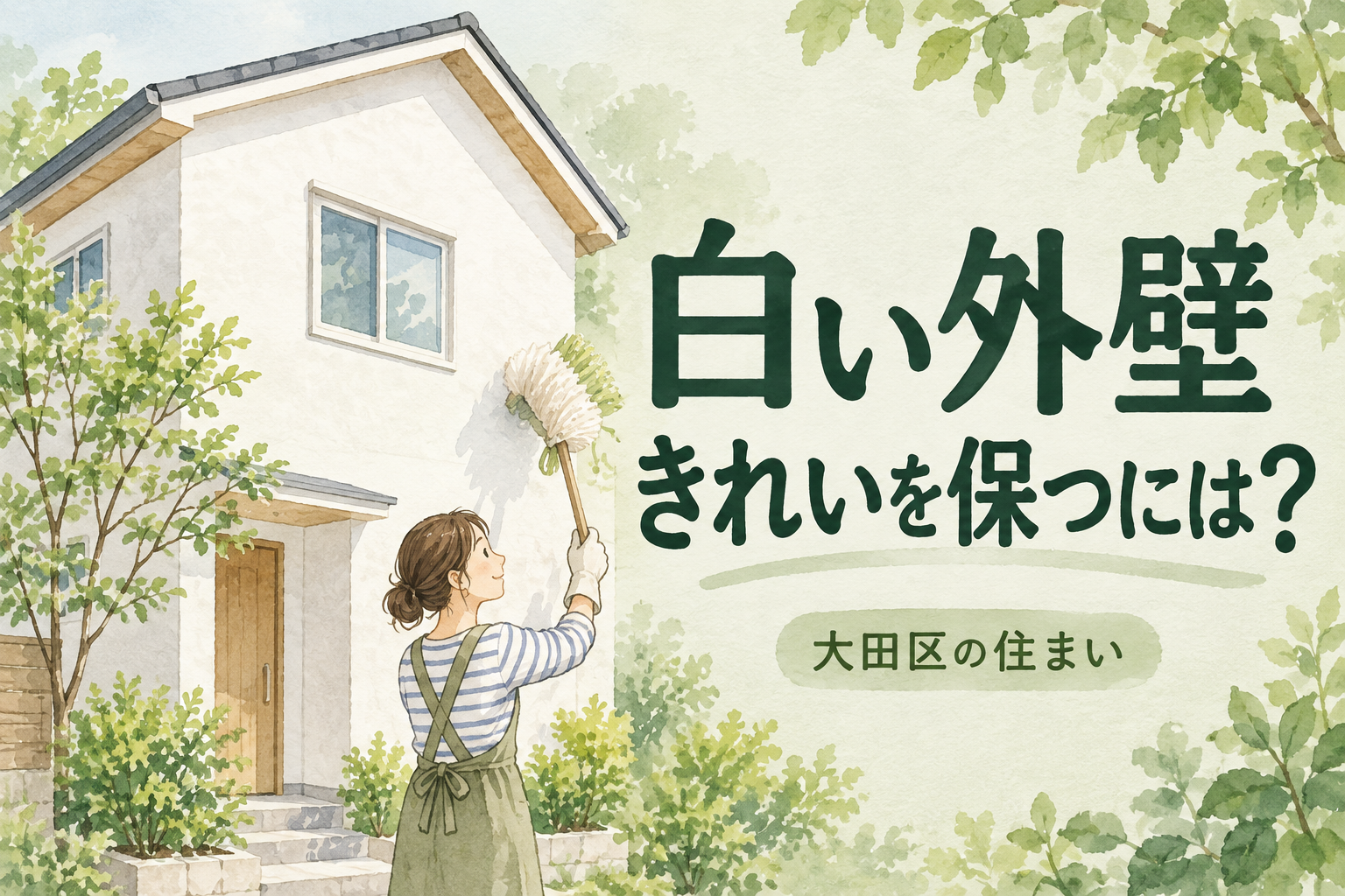 白い外壁の家を手入れする人を描いたやわらかい水彩イラスト