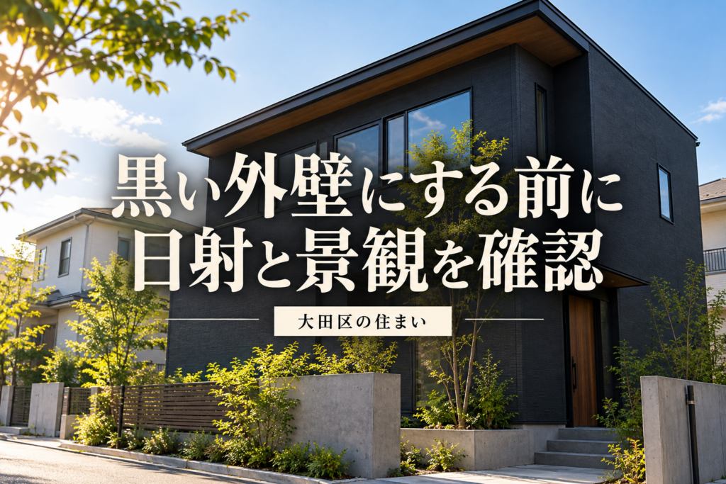黒い外壁の住宅と日射・景観の確認を案内する画像