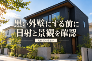 黒い外壁の住宅と日射・景観の確認を案内する画像