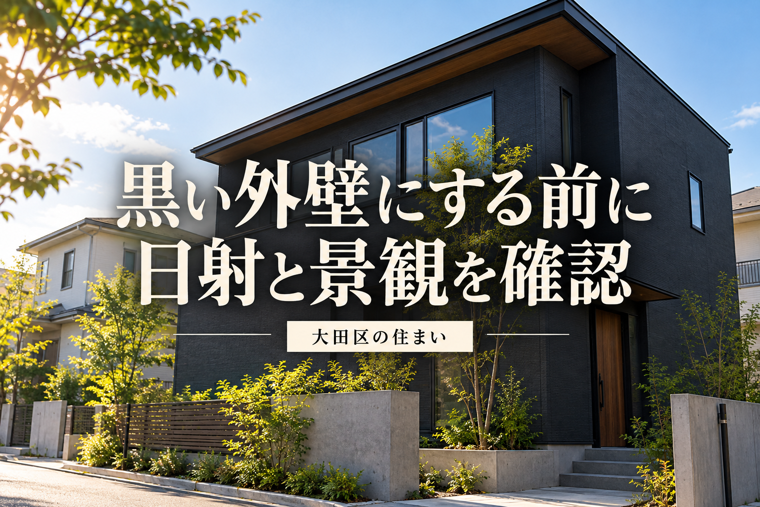 黒い外壁の住宅と日射・景観の確認を案内する画像