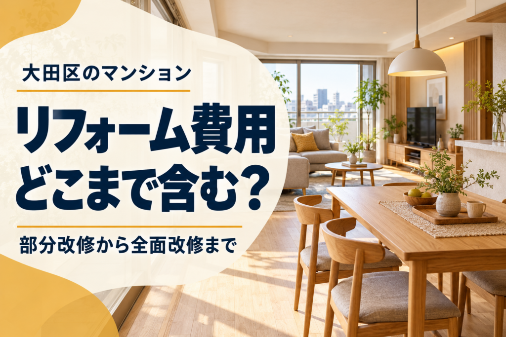 大田区のマンションリフォーム費用を考える、明るいリビングと大きな見出しの画像