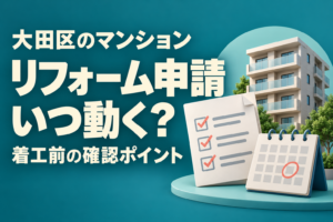 大田区のマンションリフォーム申請を考える、建物とチェックリスト、カレンダーの図案