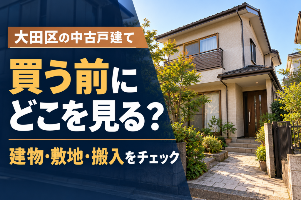 大田区の中古戸建て購入前チェックを紹介する、庭と玄関のある戸建て住宅のイメージ