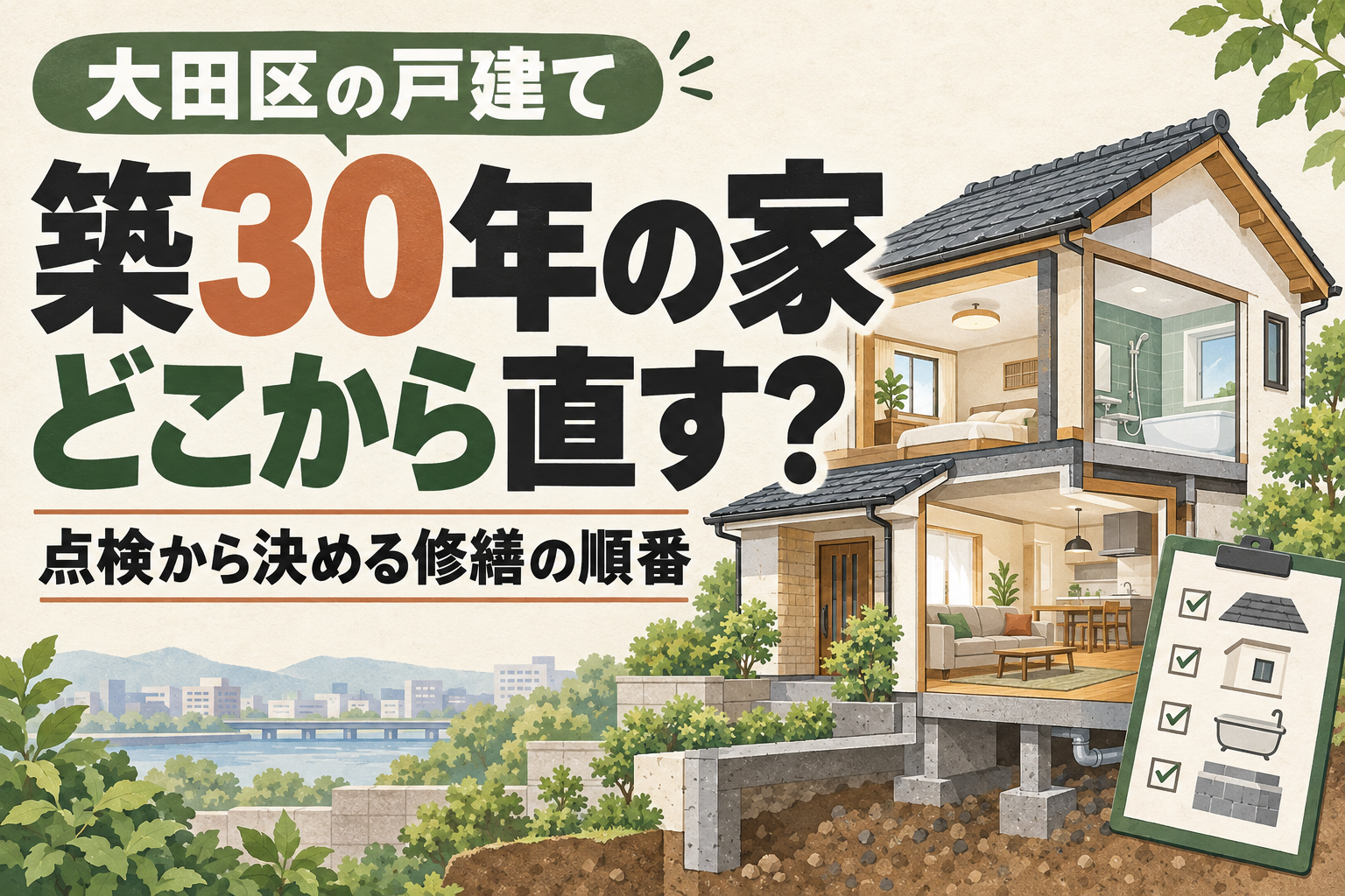 築30年の戸建てを点検して修繕の順番を考える、家の断面とチェックリストのイラスト