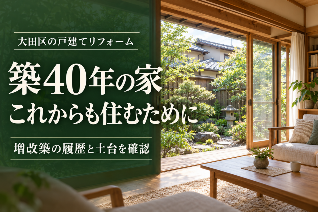 築40年の家、これからも住むために。庭に面した木の住まいと、増改築の履歴と土台を確認するという見出し