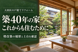 築40年の家、これからも住むために。庭に面した木の住まいと、増改築の履歴と土台を確認するという見出し
